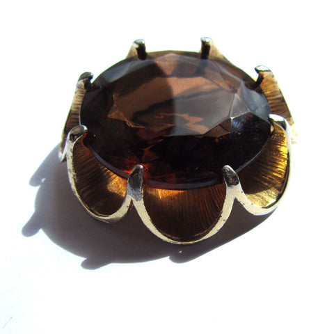 Vintage Smokey Brown Faceted Glass Golden Brooch