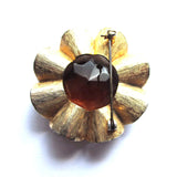 Vintage Smokey Brown Faceted Glass Golden Brooch