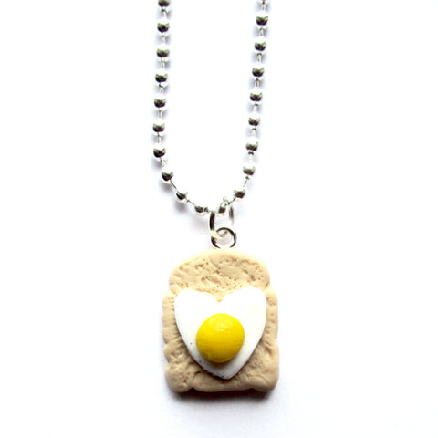 Quirky Heart-shaped Fried Egg on Toast Clay Pendant Necklace