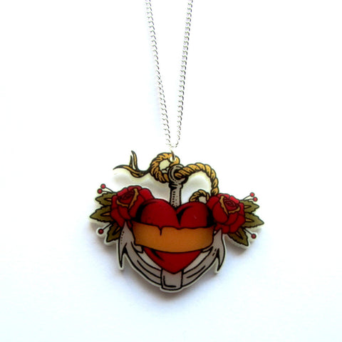 Awesome Retro Anchor Heart Roses Tattoo Art Pendant Necklace