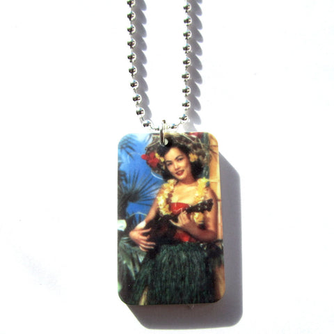 Beautiful Retro Strumming Hawaiian Girl Tropical Tiki Kitsch Necklace