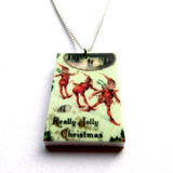 Vintage Style Jolly Elves Christmas Scene Print Necklace