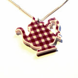 Retro Vintage Kitsch Gingham Teapot Pendant Necklace