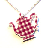 Retro Vintage Kitsch Gingham Teapot Pendant Necklace