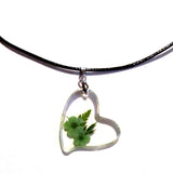 Pretty Resin Sideways Heart Green Flowers Pendant Necklace