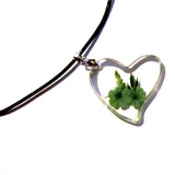 Pretty Resin Sideways Heart Green Flowers Pendant Necklace