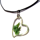 Pretty Resin Sideways Heart Green Flowers Pendant Necklace