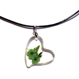 Pretty Resin Sideways Heart Green Flowers Pendant Necklace