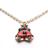 Dainty Jingle Bells Festive Red Holly Pendant Necklace