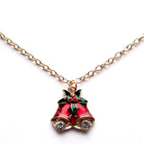 Dainty Jingle Bells Festive Red Holly Pendant Necklace