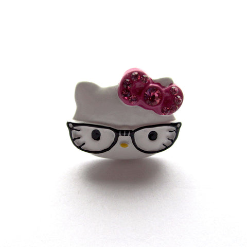 White Hello Kitty Face Stone Set Metal Ring