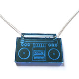 Retro Boombox Ghettoblaster Tape Player Blue Mirror Acrylic Necklace