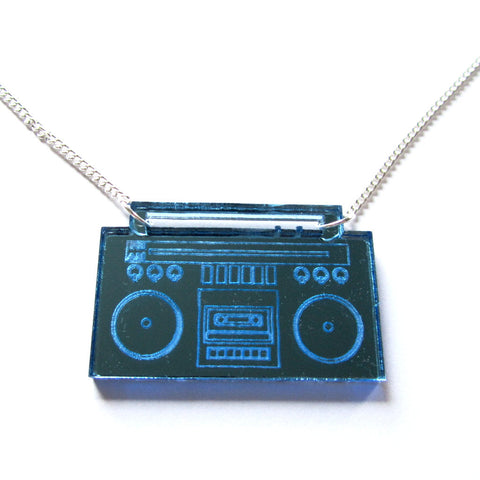 Retro Boombox Ghettoblaster Tape Player Blue Mirror Acrylic Necklace