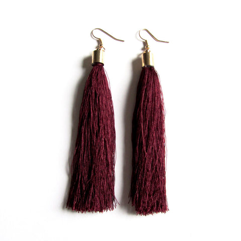 Large Funky String Tassel Statement Drop Earrings – Burgundy