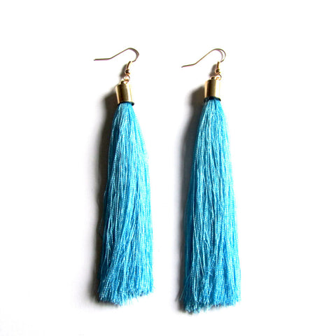 Large Funky String Tassel Statement Drop Earrings Light Blue