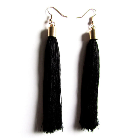 Large Funky String Tassel Statement Drop Earrings – Black