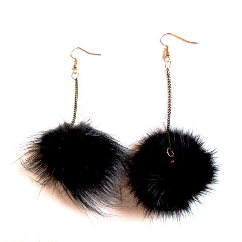 Small Spiky Pom Pom Fluff Fur Ball Chain Drop Earrings – Black