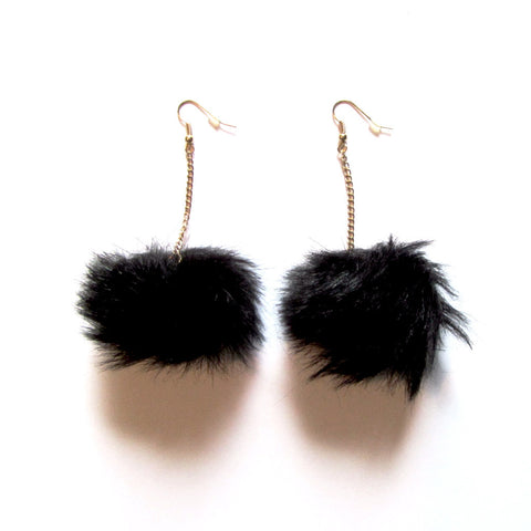 Fluffy Black Pom Pom Faux Fur Ball Chain Drop Earrings