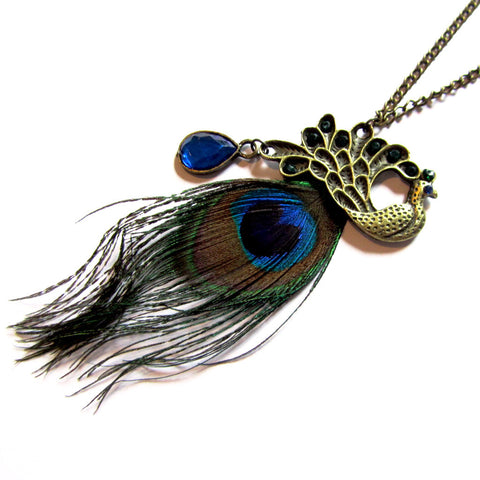 Statement Peacock Vintage Style Feather Gemstones Pendant Necklace