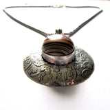 Circular Silver Rainbow Stripe Cabochon Pendant Necklace