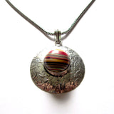 Circular Silver Rainbow Stripe Cabochon Pendant Necklace