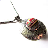 Circular Silver Rainbow Stripe Cabochon Pendant Necklace