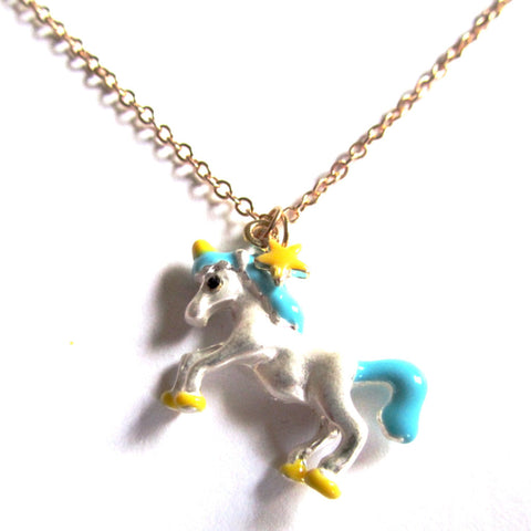Pretty Kitsch Blue, Yellow and Silver Fairground Unicorn Pendant Necklace