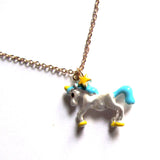 Pretty Kitsch Blue, Yellow and Silver Fairground Unicorn Pendant Necklace