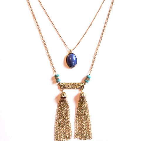 Stunning Chain Tassel Drop Cabochon Stone Long Statement Fashion Necklace