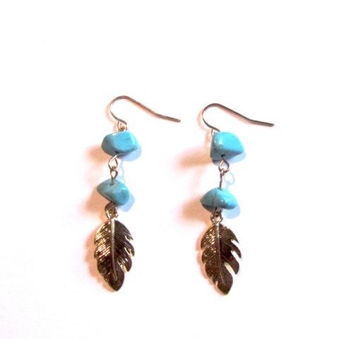 Pretty Golden Leaf Turquoise Beads Dangle Drop Earrings