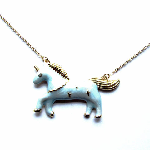 Gorgeous Gold and Blue Fairground Style Unicorn Pendant Necklace