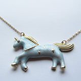 Gorgeous Gold and Blue Fairground Style Unicorn Pendant Necklace