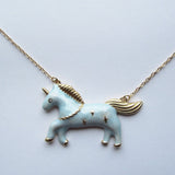 Gorgeous Gold and Blue Fairground Style Unicorn Pendant Necklace