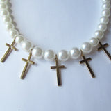 Pretty Pearl and Golden Crosses Fashion Necklace