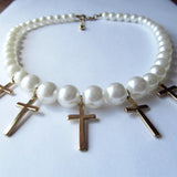 Pretty Pearl and Golden Crosses Fashion Necklace