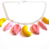 Colourful Kitsch Retro Pink Shrimp, Pink Mice and Yellow Banana Fun Faux Sweets Polymer Clay Necklace