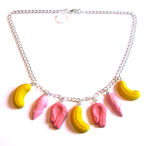 Colourful Kitsch Retro Pink Shrimp, Pink Mice and Yellow Banana Fun Faux Sweets Polymer Clay Necklace