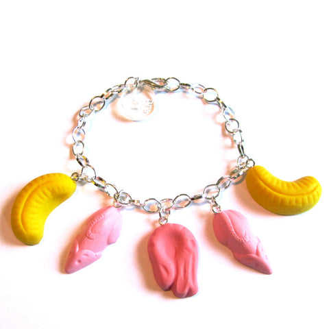 Colourful Kitsch Retro Pink Shrimp, Pink Mice and Yellow Banana Fun Faux Sweets Bracelet