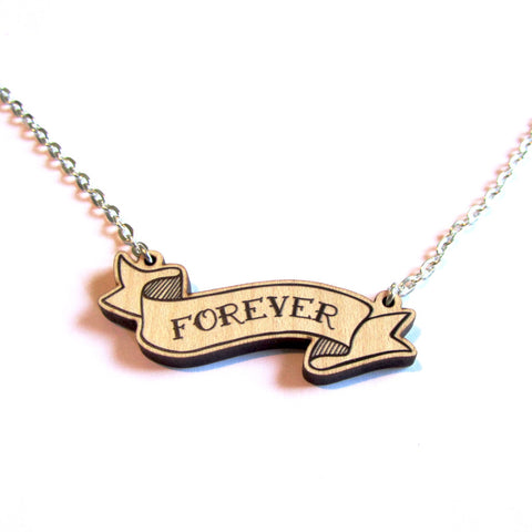 Stylish Retro Forever Love Wooden Banner Pendant Necklace