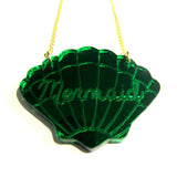 Beautiful Green Mirror Mermaid Scallop Sea Shell Acrylic Pendant Necklace