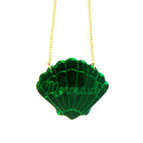 Beautiful Green Mirror Mermaid Scallop Sea Shell Acrylic Pendant Necklace