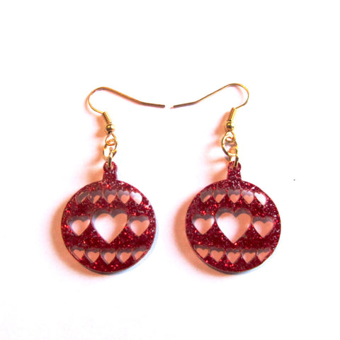 Gorgeous Glitter Red Hearts Bauble Christmas Drop Earrings