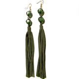 Long Statement Beaded Green Tassel Statement Drop Earrings