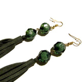 Long Statement Beaded Green Tassel Statement Drop Earrings