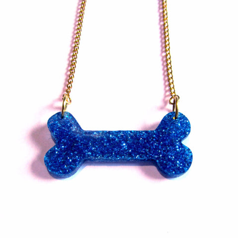 Glitzy Glitter Blue Bone Acrylic Pendant Necklace
