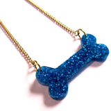 Glitzy Glitter Blue Bone Acrylic Pendant Necklace