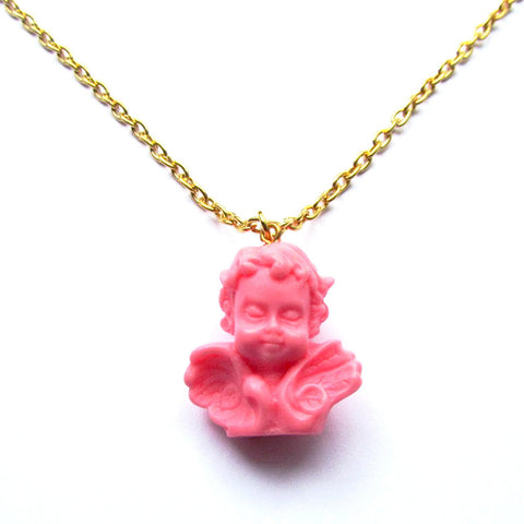 Kitch Quirky Winged Classic Cherub Statue Resin Necklace – Hot Pink