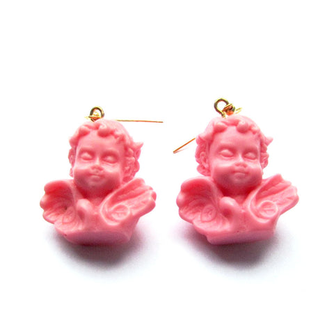 Kitch Quirky Winged Classic Cherub Statue Resin Drop Earrings – Hot Pink