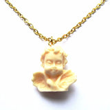 Kitch Quirky Winged Classic Cherub Statue Resin Drop Necklace – Nude Cream