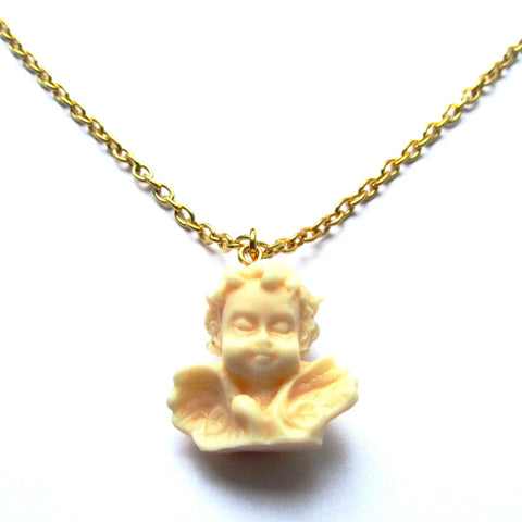 Kitch Quirky Winged Classic Cherub Statue Resin Drop Necklace – Nude Cream